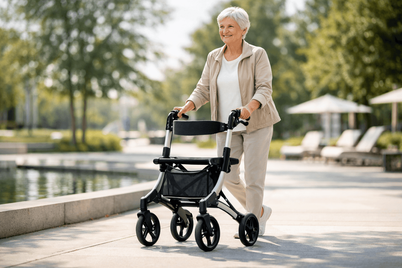 Elderly person walking confidently with a lightweight rollator in a bright outdoor setting
