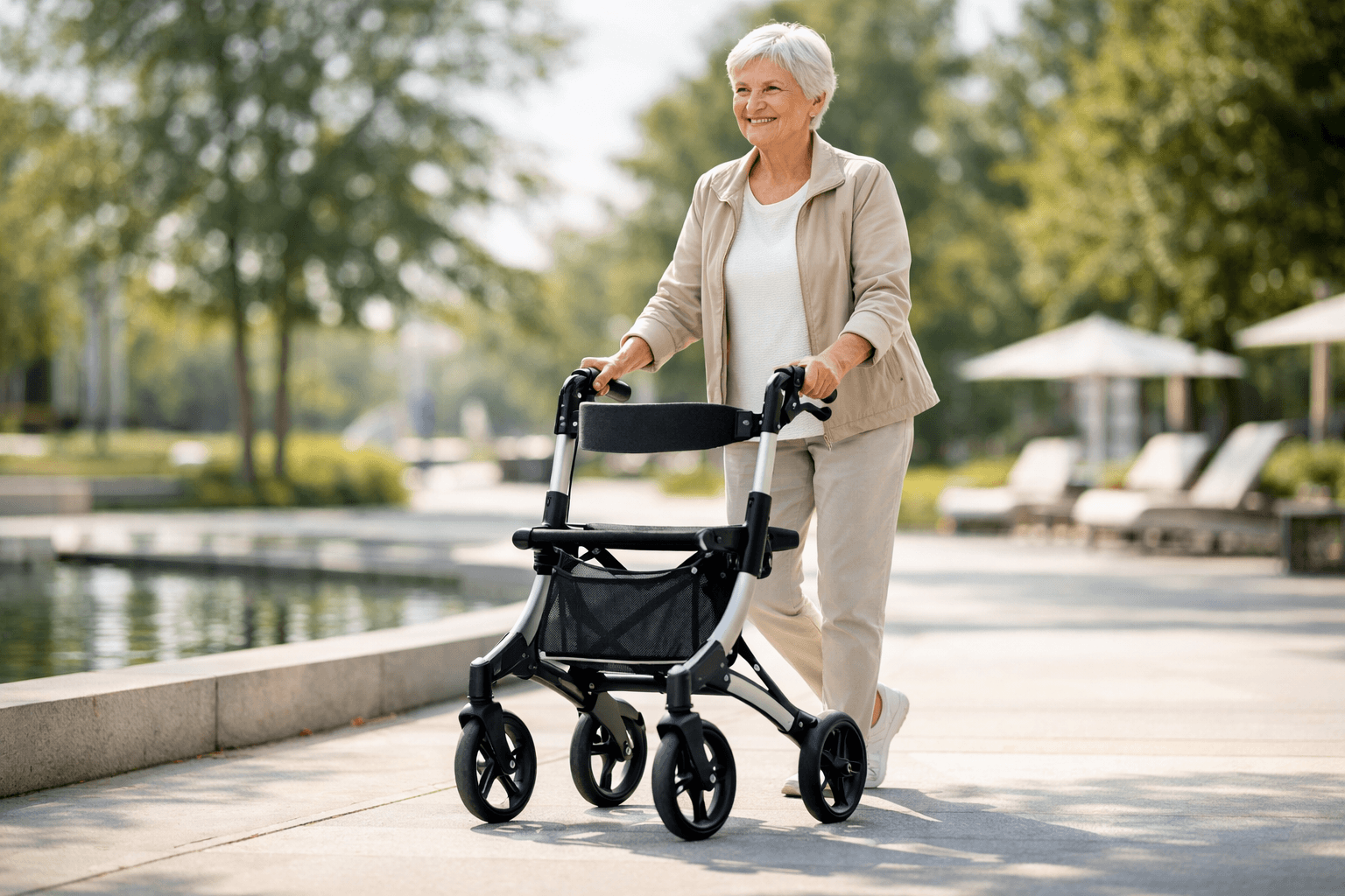 Elderly person walking confidently with a lightweight rollator in a bright outdoor setting