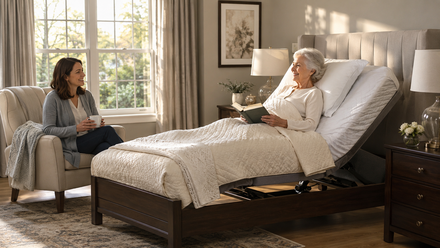 Senior relaxing comfortably in an adjustable homecare bed inside a modern Virginia home.