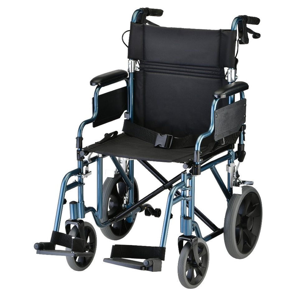 Lightweight Transport Chair with 12" Rear Wheels, Hand Breaks, Removeable Arms - 19" with Swing Away Foot