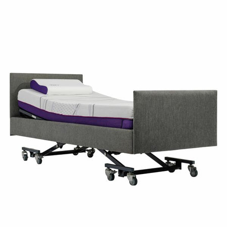 Adjustable bed with gray frame and purple accents on a white background