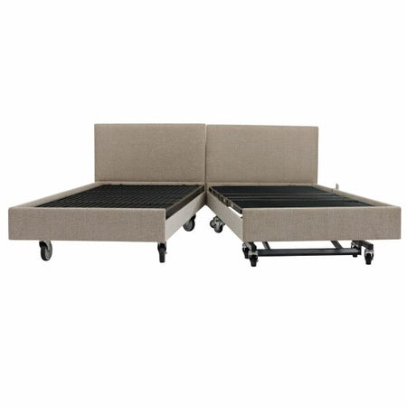 Beige fabric bed frame with storage compartments on a white background