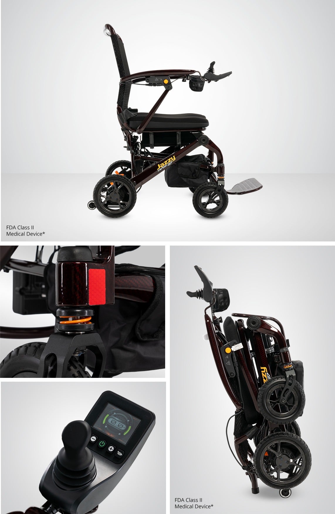 Foldable electric wheelchair with control panel on a light gray background