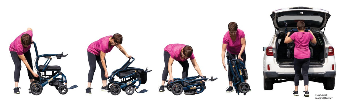 Step-by-step process of a person using a folded mobility scooter and placing it in the back of a car.